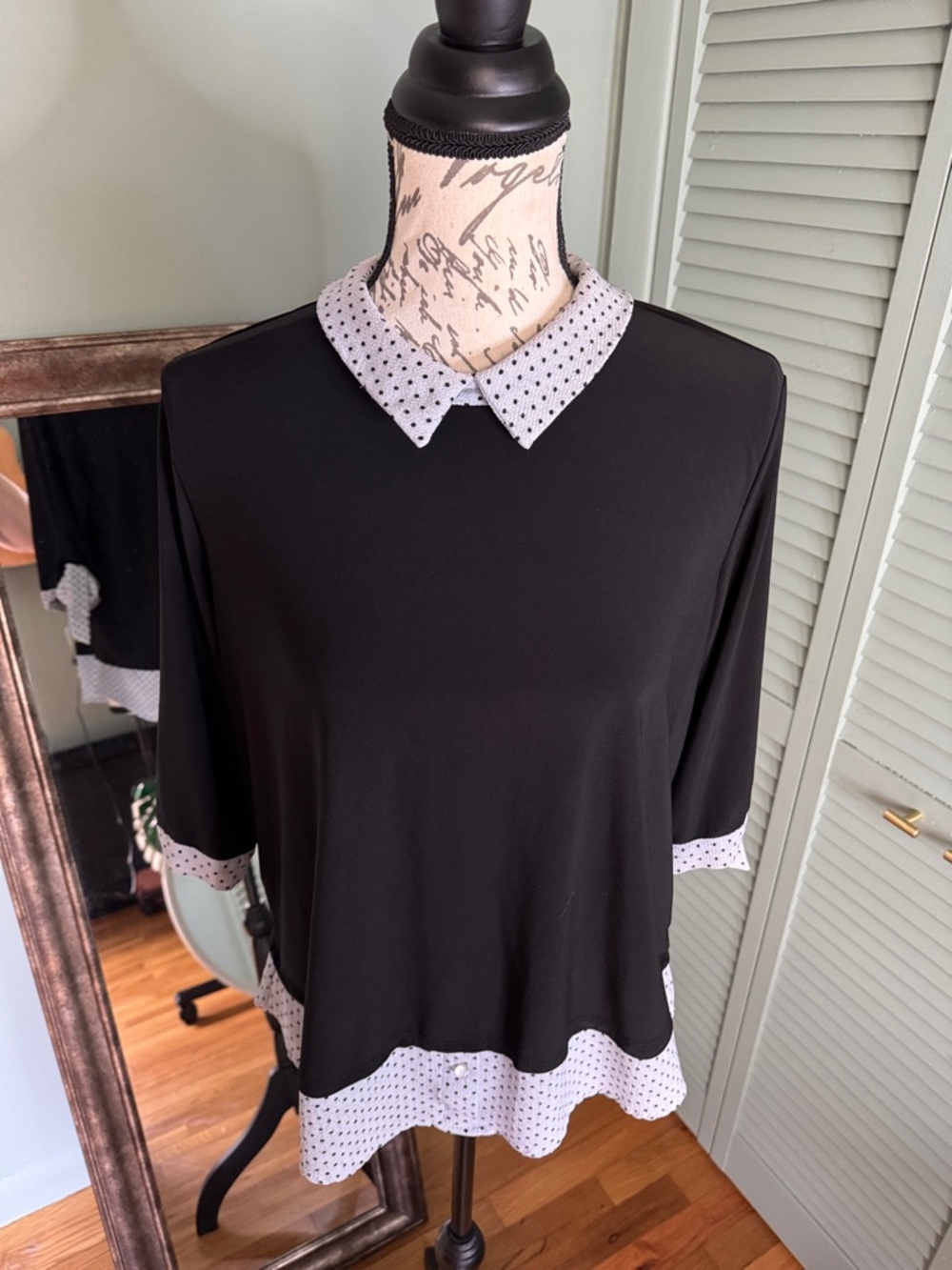 Faith and Joy Black Blouse with White Polka-Dot Trim